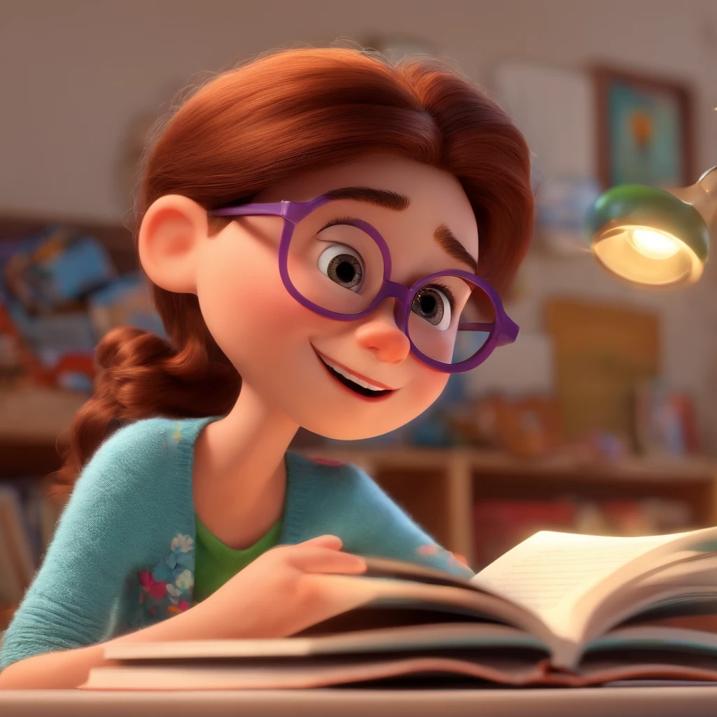 fundo branco, pixar desenhos animados 3D, mulher, pele morena, cabelos pouco cacheados, eyeglass, lendo um livro, ::estilo pixar cartoon