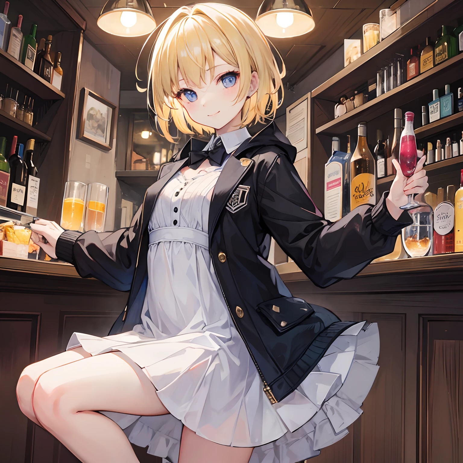 Solo character, full body version, baby ??? girl, blonde hair, short haircut, one eye covered by hair, green eyes, cute face, sad eyes, smile mouth, black crop top, white long skirt, sexy, bandage around the neck, bandage on the hand, sandals, indoor room bar, detailed background, detailed clothing, detailed hair, detailed face, standing gesture