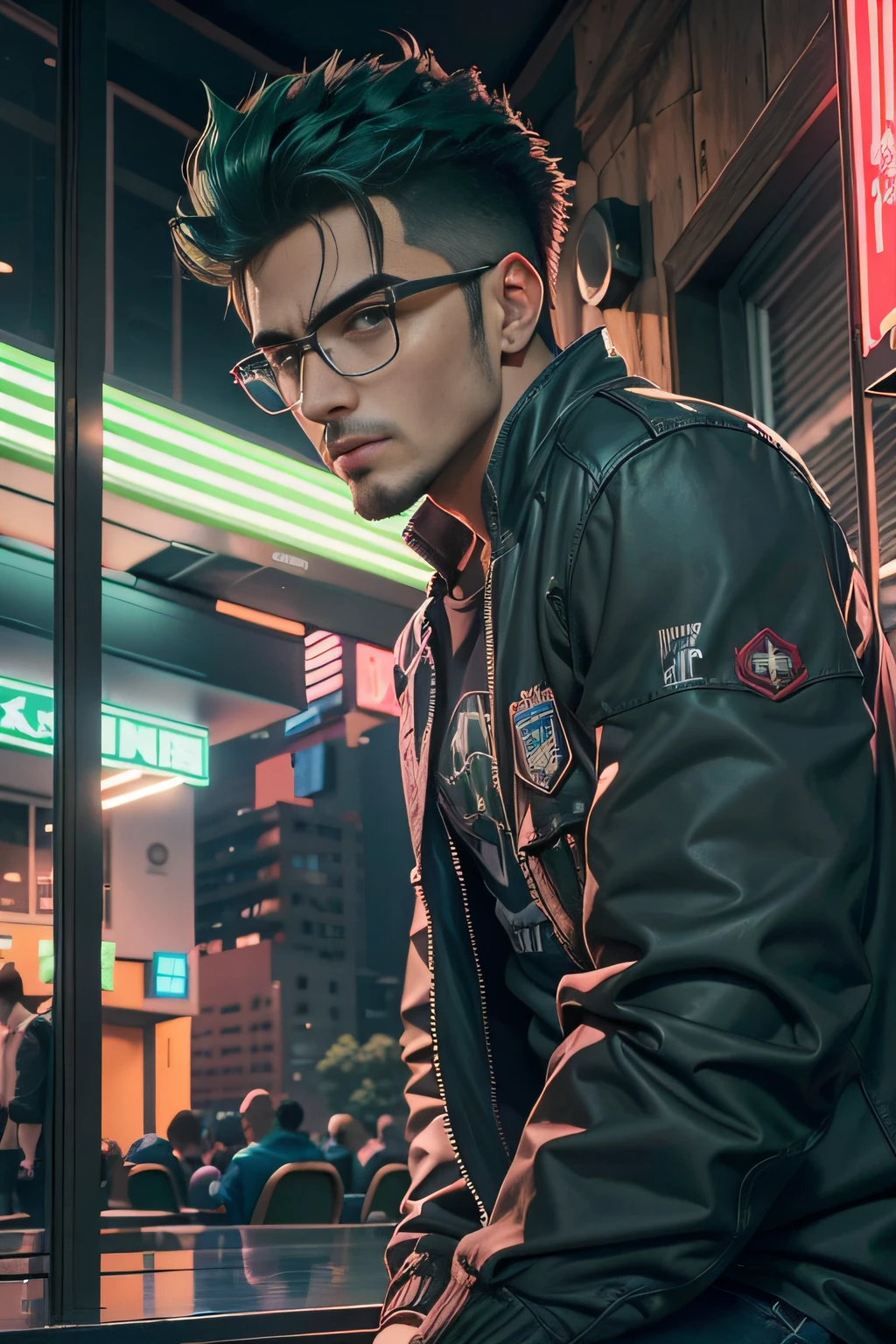 A cool college student, (macho), ((desbotar estilo de cabelo)), wears narrow-framed glasses, usar casaco cinza, Camiseta lisa branca, black jeans ,((fundo verde)),(Estilo anime), (Cinematic lighting), (ray tracing), ((reflection light)), corpo inteiro, atmosphric perspective, master part, preciso, ((best quality)), alta qualidade, super detalhe, detalhes altos, anatomicamente correto, Alto, 1080P, empunhando uma katana