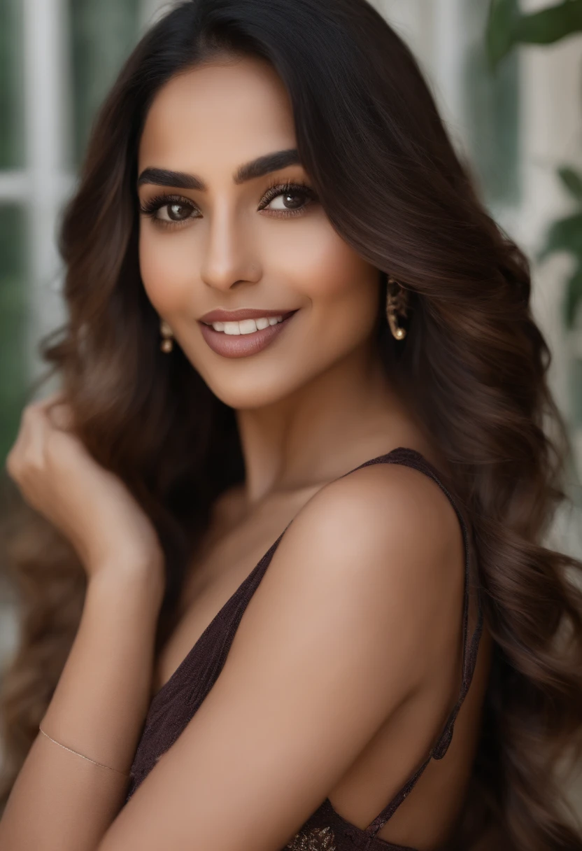 Generate a high-resolution, realistic image of a beautiful Indian female AI influencer in her mid-20s. She should be facing the camera directly, and her face should be the central focus of the image. Her hair should be long, straight, and jet-black, cascading down to her mid-back. She should have a fair, flawless, and radiant white skin tone. Her eyes should be large, almond-shaped, and expressive, with dark brown irises that glisten with warmth and charm. She should have perfectly arched eyebrows that frame her face elegantly, a button-shaped nose, and full, soft lips with a natural pinkish hue. Her face should be well-lit, allowing for clear visibility of all her facial features. The overall image should convey a sense of confidence, approachability, and beauty while staying true to her Indian heritage