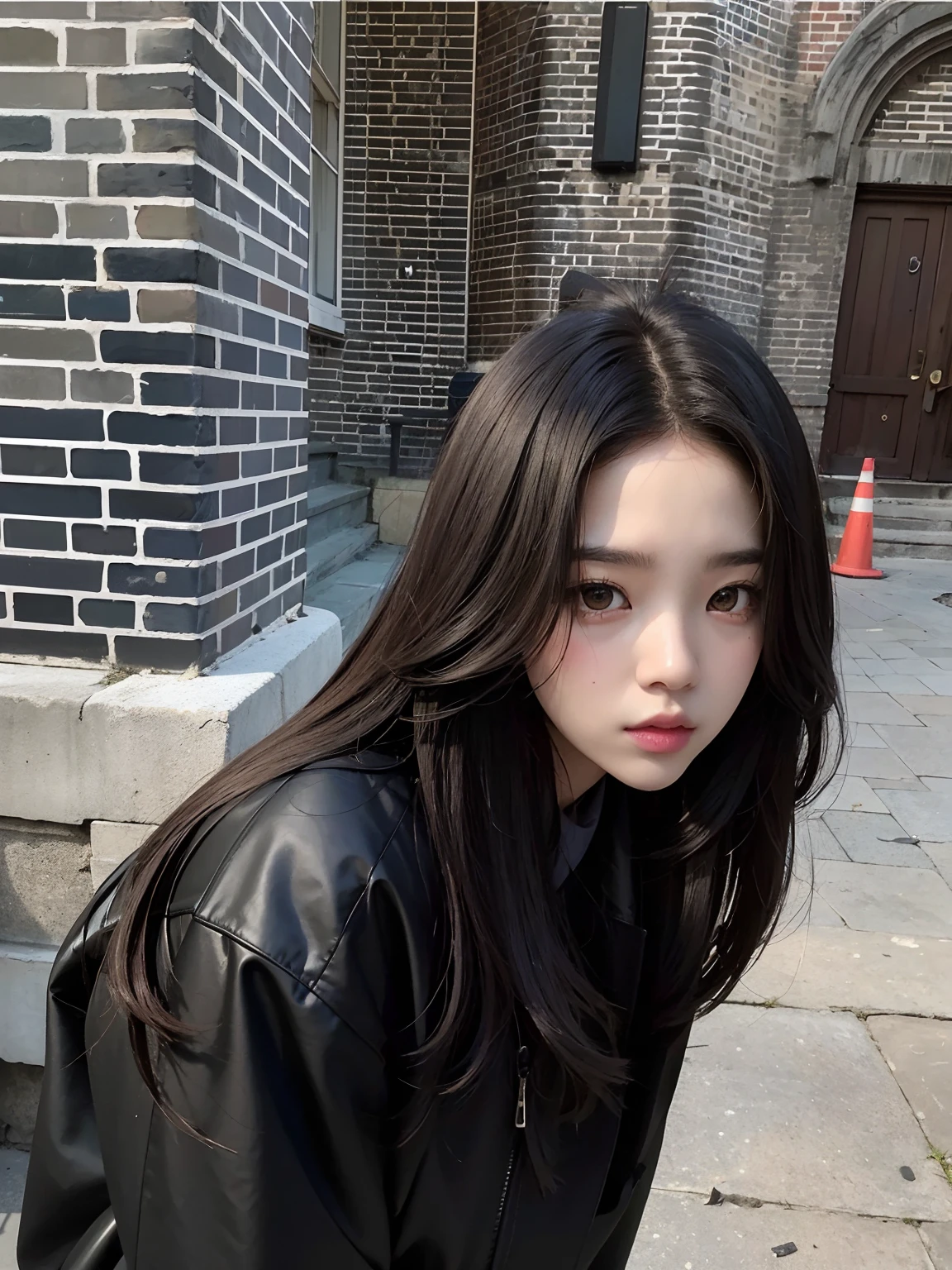 Woman in black jacket standing on steps in front of a brick building, Ulzzang, coreana, jisoo do blackpink, Jisoo do Blackpink, com cabelos longos, shoulder-length black hair, Heonhwa Choe, Jinyoung Canela, iu lee ji-eun as a super villain, Jaeyeon Nam, cruel korean goth girl, jennie blackpink