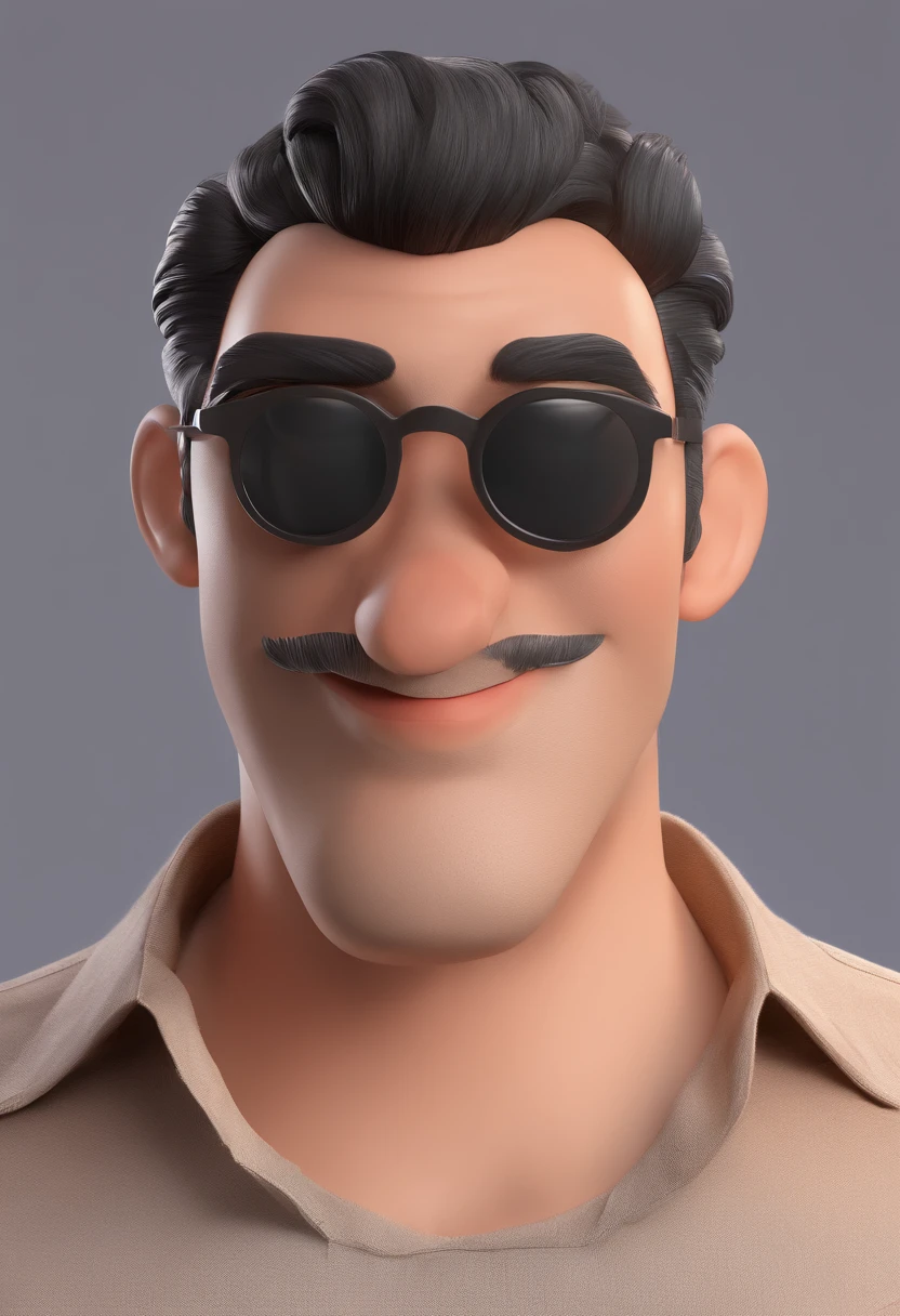 Estilo Pixar: Jovem homen de pele escura, com aproximadamente 30 anos com barba extremamente curta, Shaven done at zero wearing a gray t-shirt with thin copper-colored round glasses with shaved hair on the sides, cabelo crespo muito cacheado, cabelo com corte degrade nas laterais, cabelo preto escuro, e orelhudo, 3D,Disney