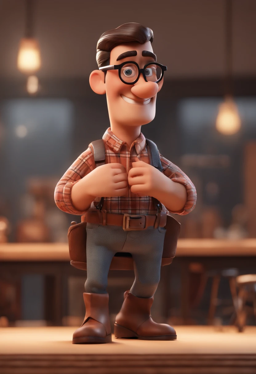 Cartoon character of a man wearing black glasses and a plaid shirt, um personagem animado, Caractere estilizado, animation style rendering, 3D estilizado, Arnold Maya render, 3 d render stylized, toon render keyshot, Personagem 3D, Personagem 3D, 3d rendering stylized, 3 d character render, personagem de desenho animado, Personagem de close up, Pose de personagem, (Estilo Pixar) (master part:1.2) (Bokeh) (best quality) (pele detalhada) (textura detalhada) (8k) (argila) (Cinematic lighting) (foco nítido，Senta e vaza a parte superior do corpo