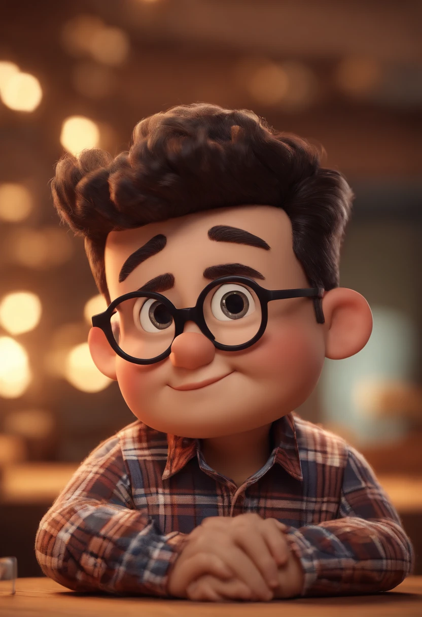 Cartoon character of a man wearing black glasses and a plaid shirt, um personagem animado, Caractere estilizado, animation style rendering, 3D estilizado, Arnold Maya render, 3 d render stylized, toon render keyshot, Personagem 3D, Personagem 3D, 3d rendering stylized, 3 d character render, personagem de desenho animado, Personagem de close up, Pose de personagem, (Estilo Pixar) (master part:1.2) (Bokeh) (best quality) (pele detalhada) (textura detalhada) (8k) (argila) (Cinematic lighting) (foco nítido,Senta e vaza a parte superior do corpo