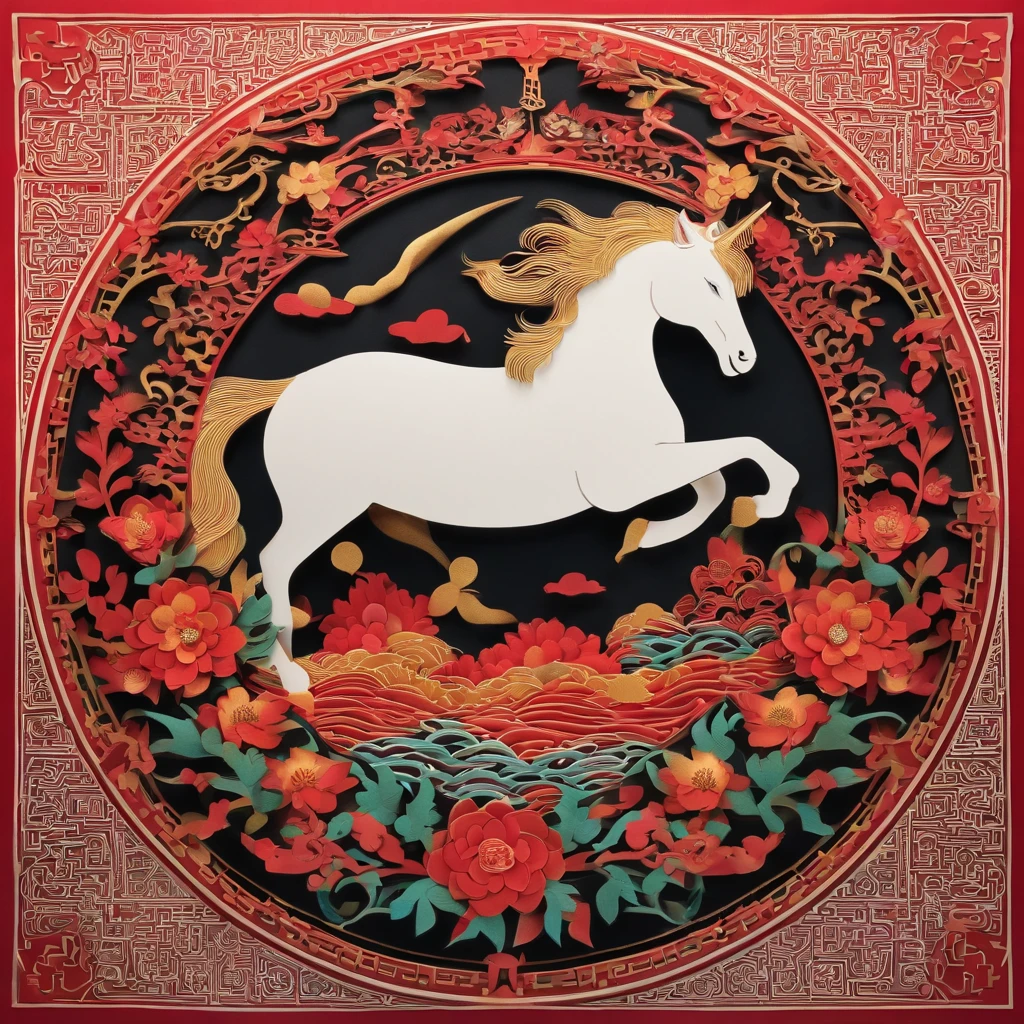 Circular pattern，Unicorn，paper cut out，logo，Chinese tradition