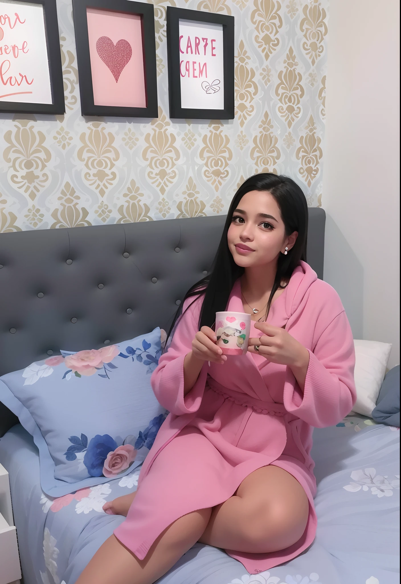 Uma mulher estilo disney pixar, alta qualidade, melhor qualidade , cabelo liso preto , olhos pretos , no quarto na cor rosa com almofadas lindas com uma gatinha persa cor branca