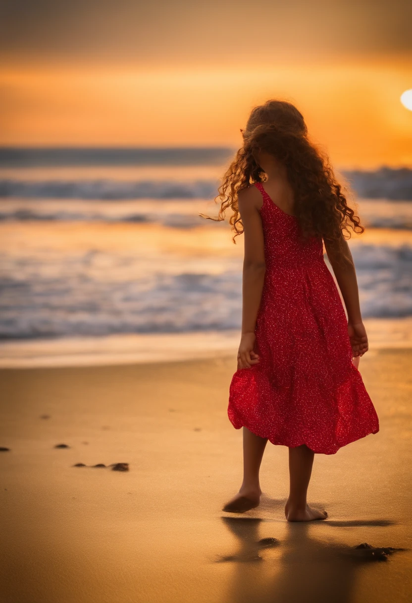 Uma menina com 12 anos, cabelos pretos ondulado, olhos castanhos, bonita, Walking on the beach with her sister.