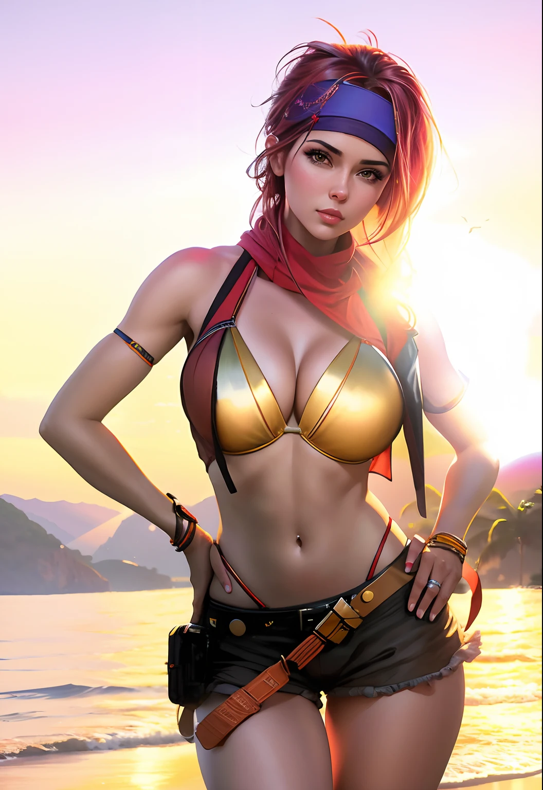 Hay una mujer en bikini posando en la playa, 3D render character art 8 k, big breast, Artgerm Julie Bell Beeple, Render fotorrealista de Anime Girl, Alena Aenami y Artgerm, Artgerm ; Motor 3D Unreal, deviantart artstation cgscosiety, faye valentine, Estilo de arte fotorrealista, Arte detallado de alta calidad 8K
