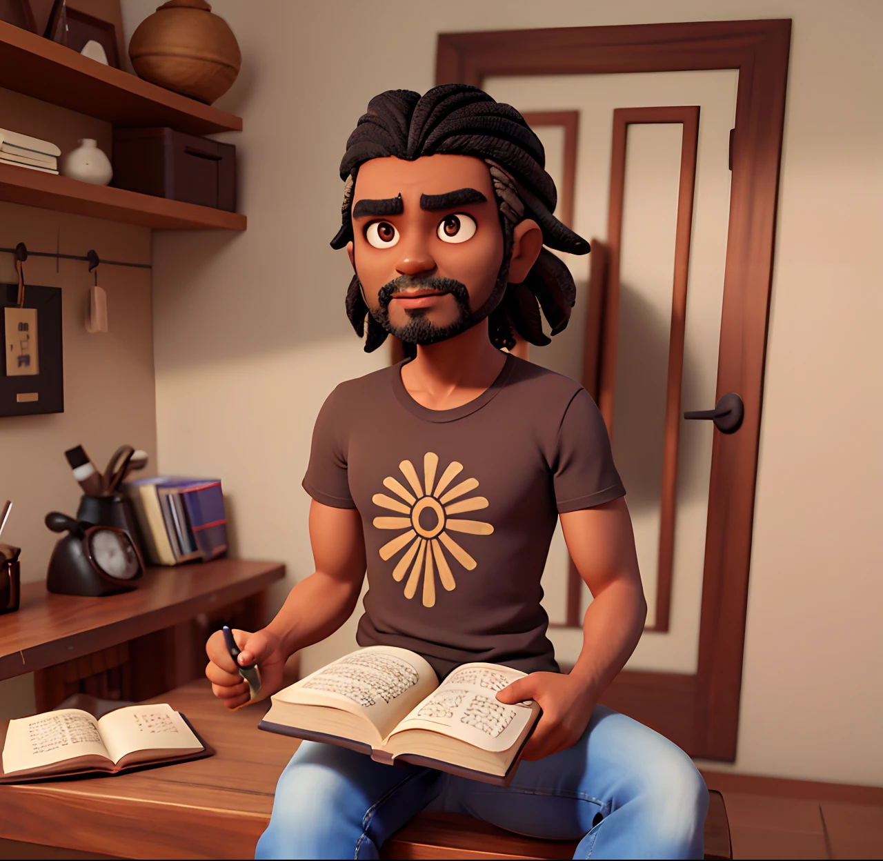 Brasileiro de 37 anos, marrom, olhos castanhos, cabelo preto curto, natural de Salvador, bahia, vestindo uma camisa social preta e jeans , who likes to read books and drink hot coffee.