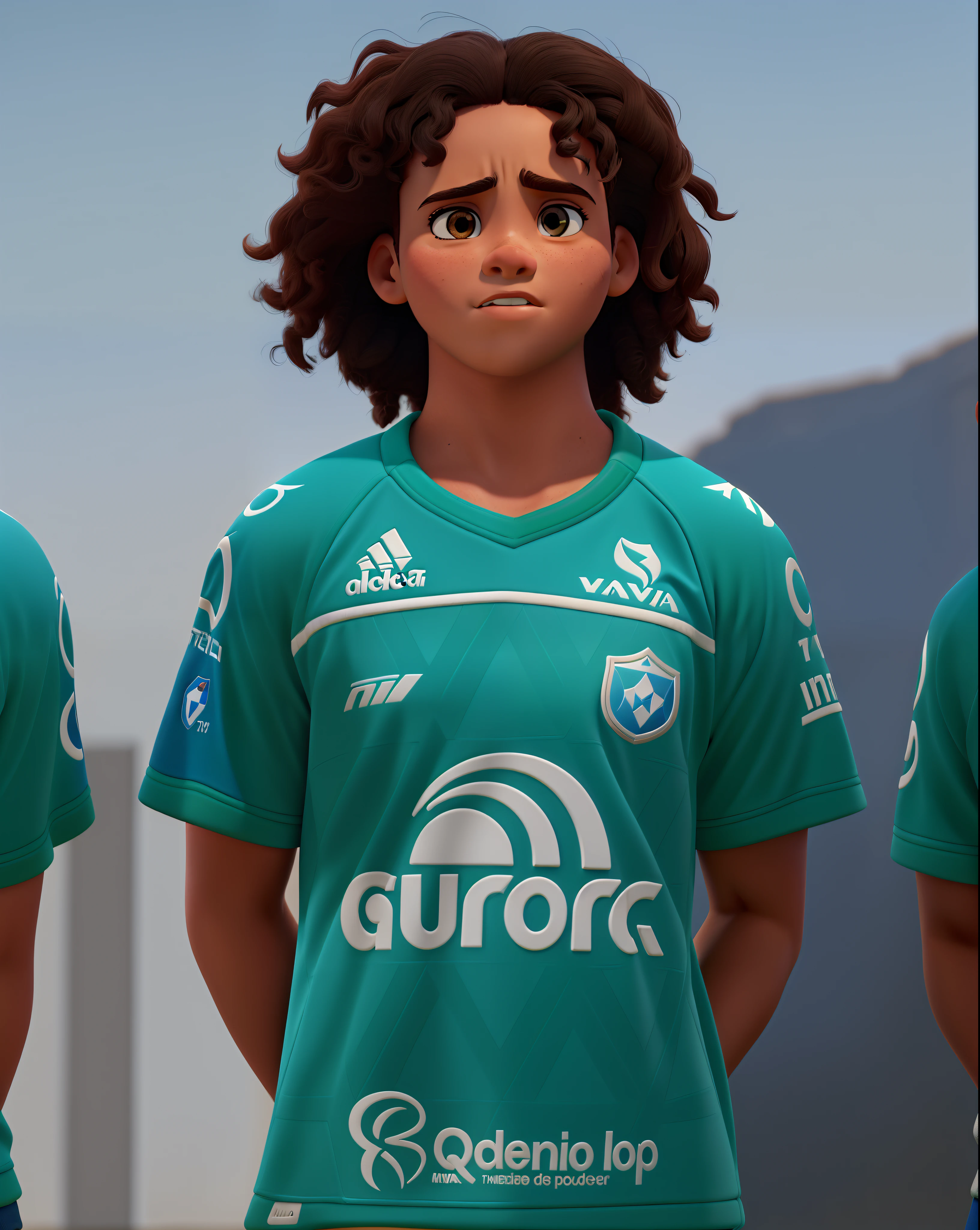 Um adolescente com pele morena jogador de futebol, with a serious expression, quase brava, estilo disney pixar, alta qualidade, melhor qualidade