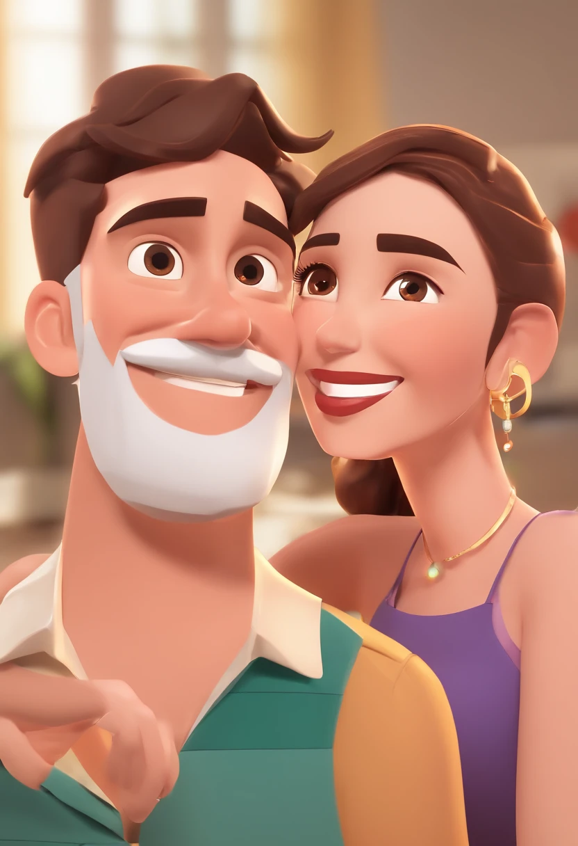 An illustration of an adorable couple, Highlighting a man and a woman with beautiful expressive eyes – the man's skin is white and the man's hair is straight and black medium size, The woman's skin is white and the hair is straight, medium size and brown. They are a bright room, cada um com um sorriso no rosto, e compartilhar um momento especial caracterizado pelo amor, Insights. Illustrate this scene from a perspective where they are facing the camera, Smiling and Showing Your Connection. Desenvolva esta arte em Full HD, Focus on your cinematic touch, Estilo Disney Pixar Animations