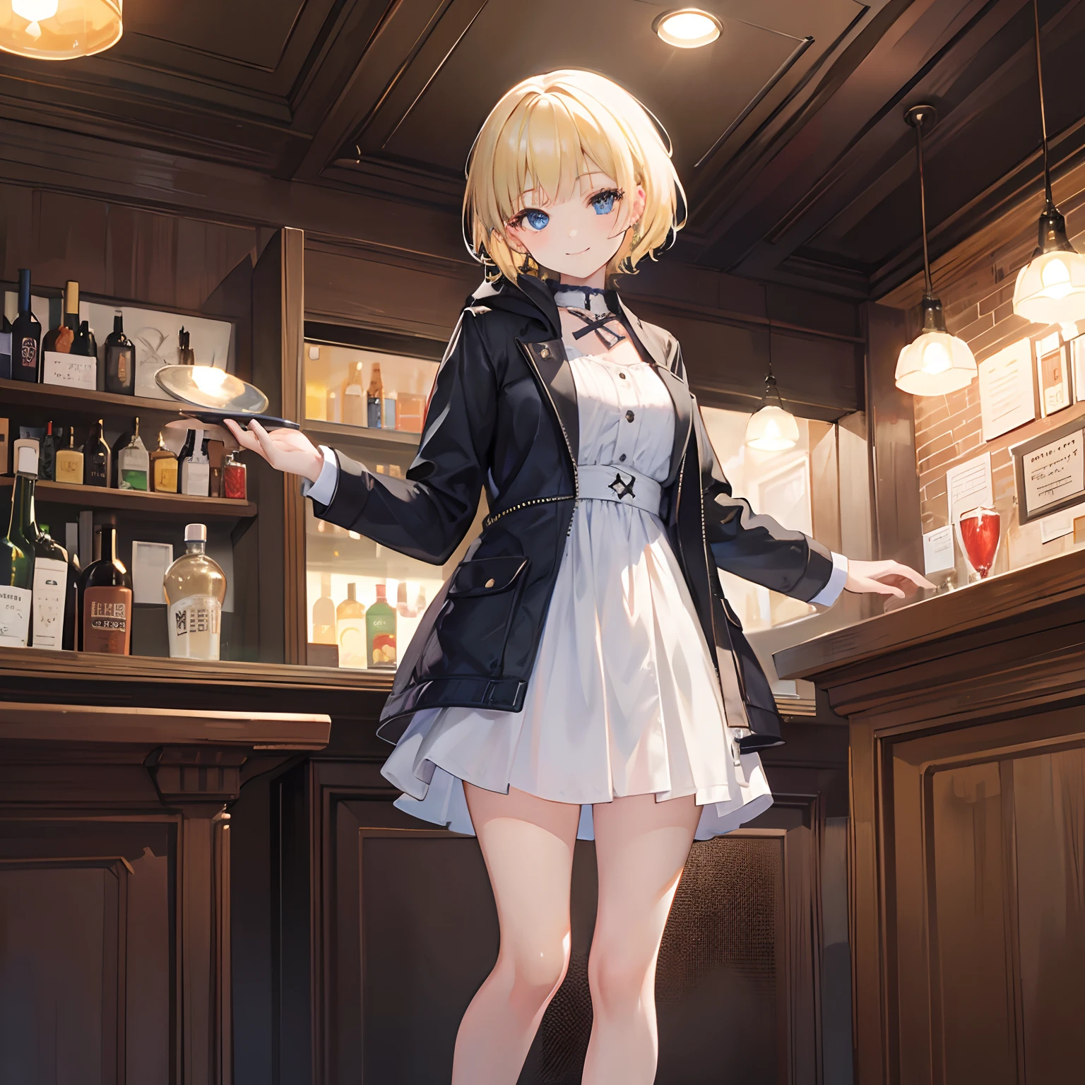 Masterpiece, 1 girl, smiling, dress, jacket, chillerism, short blonde hair, New York bar