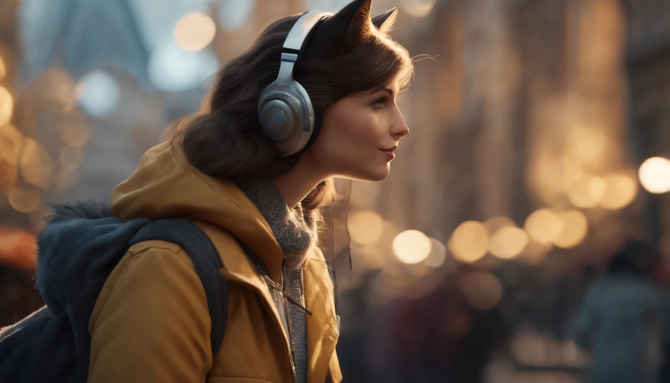 ((Best quality, 8K, Masterpiece: 1.4)),((Amazing detail: 1.3)),((illustration, Hairstyle Casual: 1.2)),((high resolution: 1.1)), A cute cat standing, headset on head, Tactical coat, Fashionab, Soft light, Colorful, Depth of field, Cinematic lighting, From below, Anatomically correct, Amazing art of painting, No Man