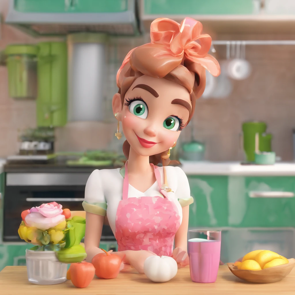 Mulher Loira, 1,60, olhos verdes escuros, magra, branca, roupa toda rosa, em uma cozinha toda rosa,