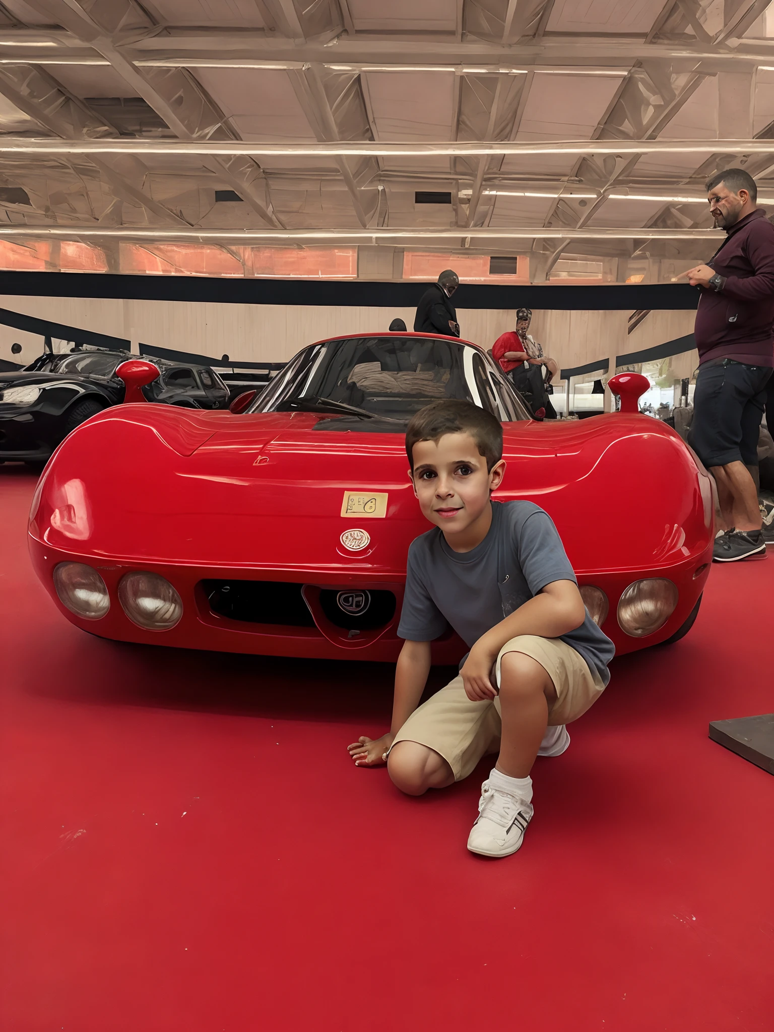 Arafed boy sitting on the ground in front of a red sports car, cabrito, bela obra-prima, grande obra-prima, garotinho, obra-prima vencedora do concurso, obra-prima obra de arte, Obra-prima maravilhosa, Tim, Alfa Romeo Projeto Carro, carros e pessoas, bonito, with a kid, obra-prima premiada, uma obra-prima impressionante, intense expression, professional unique masterpiece