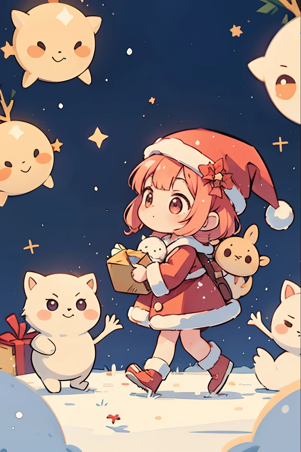 Santa Claus happily carrying presents、Santa is a pretty girl、Chibi Doll、Stars in the eyes（kirakira）、Laugh、Cute red shoes、foco nítido, Ultra Detail, radiant light、bio luminescent、A large flag flutters in the background、Fire Emblem on the flag、Stronger bokeh effect