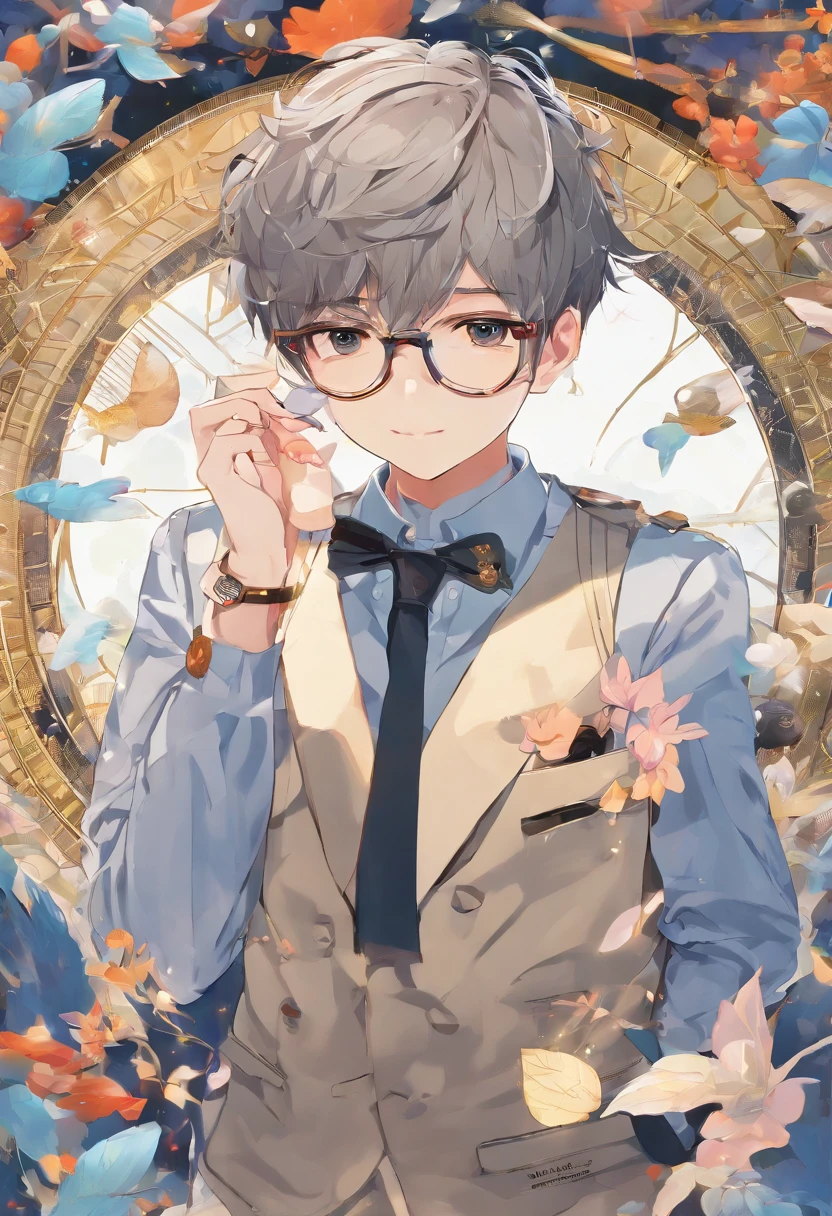 Cute small 38-years-old male investor , huge head, shot Undercut hair , wearing Round gold thin frame glasses, highly detailed eyes,front-facing, fit, looks like a boss, full body view, highly detailed hands ,Toy figures,best quality, 3d cartoon,full body view, fantasy, dreamlike, surrealism, super cute, trending on artstation