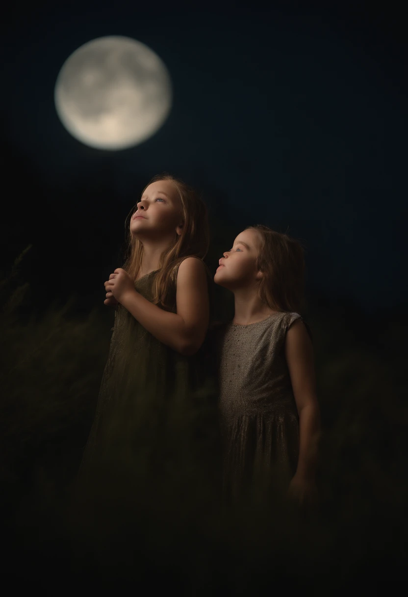 there is a young kids blonde girl har bun portrait standing in front of a moon.
