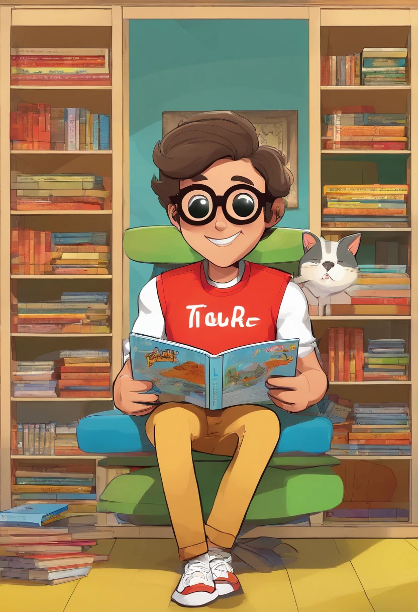 3D illustration reminiscent of a Pixar movie poster with 'Donny', A mature man with round glasses, Military Cut Medium Hair, and a very short, barba preta cortada. He's wearing a red t-shirt with a white star on it, jeans, and All-Star sneakers, Sitting on the floor with a cheerful smile while reading a comic book, cercado por mais quadrinhos. The background has a bookcase with four natural-looking cats: um branco fofo, um amarelo magro, um preto e branco de pelo denso, e um tabby. The title of the movie 'The World of Comics' is prominent, with cinematic details below.