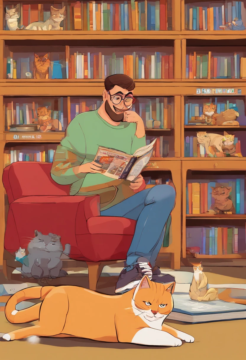 3D illustration reminiscent of a Pixar movie poster with 'Donny', A mature man with round glasses, Military Cut Medium Hair, and a very short, barba preta cortada. He's wearing a red t-shirt with a white star on it, jeans, and All-Star sneakers, Sitting on the floor with a cheerful smile while reading a comic book, cercado por mais quadrinhos. The background has a bookcase with four natural-looking cats: um branco fofo, um amarelo magro, um preto e branco de pelo denso, e um tabby. The title of the movie 'The World of Comics' is prominent, with cinematic details below.