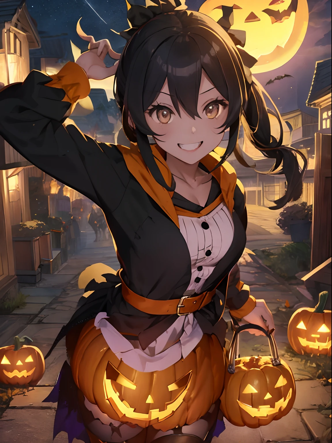 Halloween,Jack or lantern,Cosplay,Strange thieves,Mask only around the eyes,Soaring into the night sky,Light from below,Looks fun,A smile,active movement,Bold look