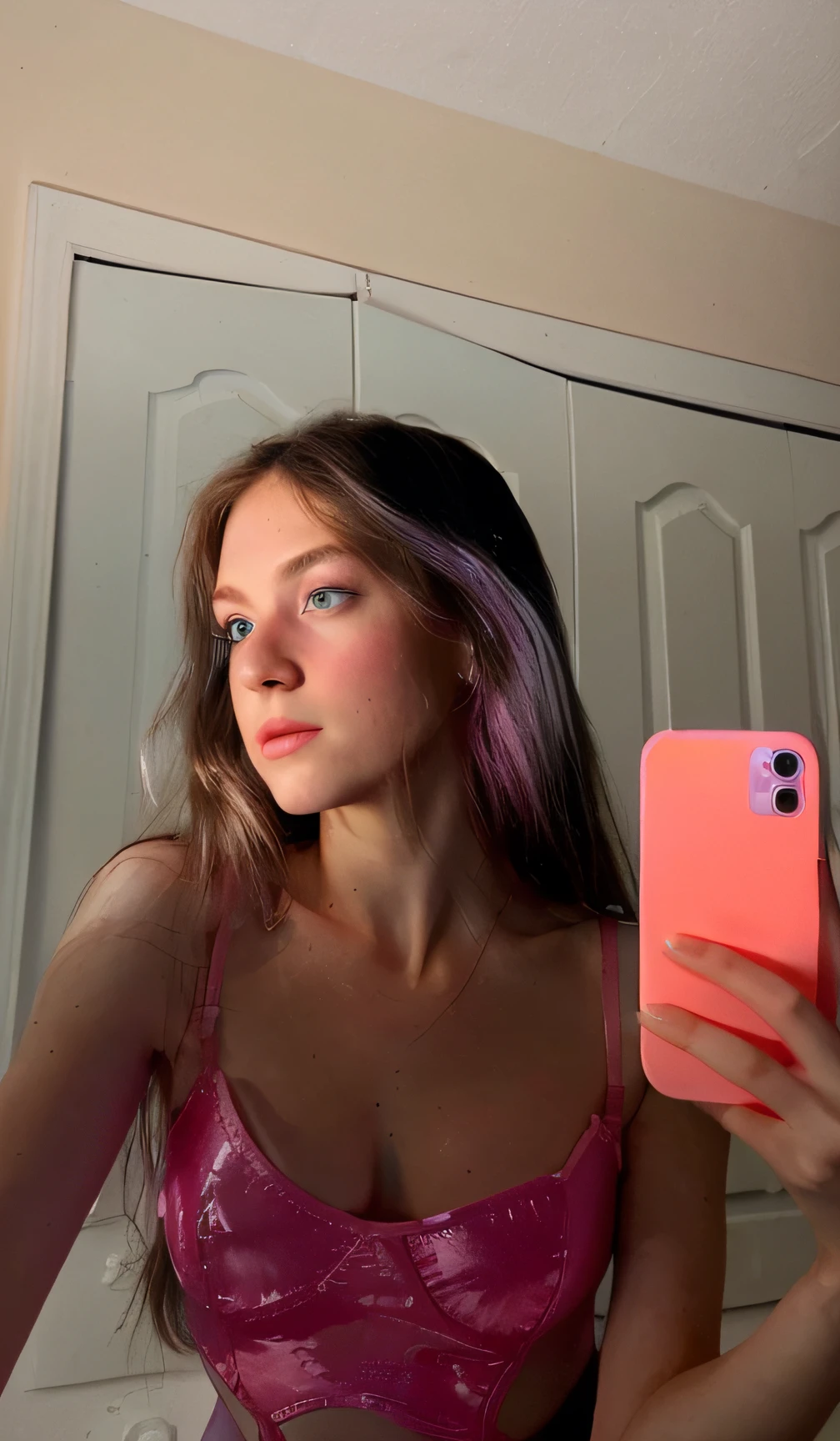 Green Eyes White Woman Looking To The Side With A Pink Ballet Dress In A Dance School
