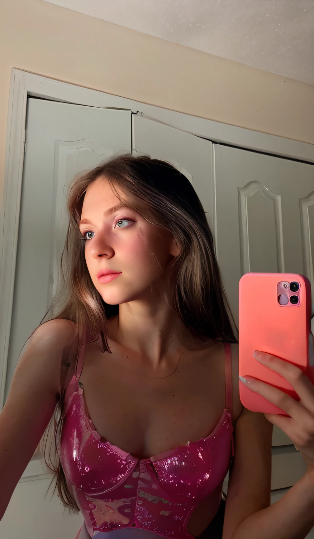 Green Eyes White Woman Looking To The Side With A Pink Ballet Dress In A Dance School