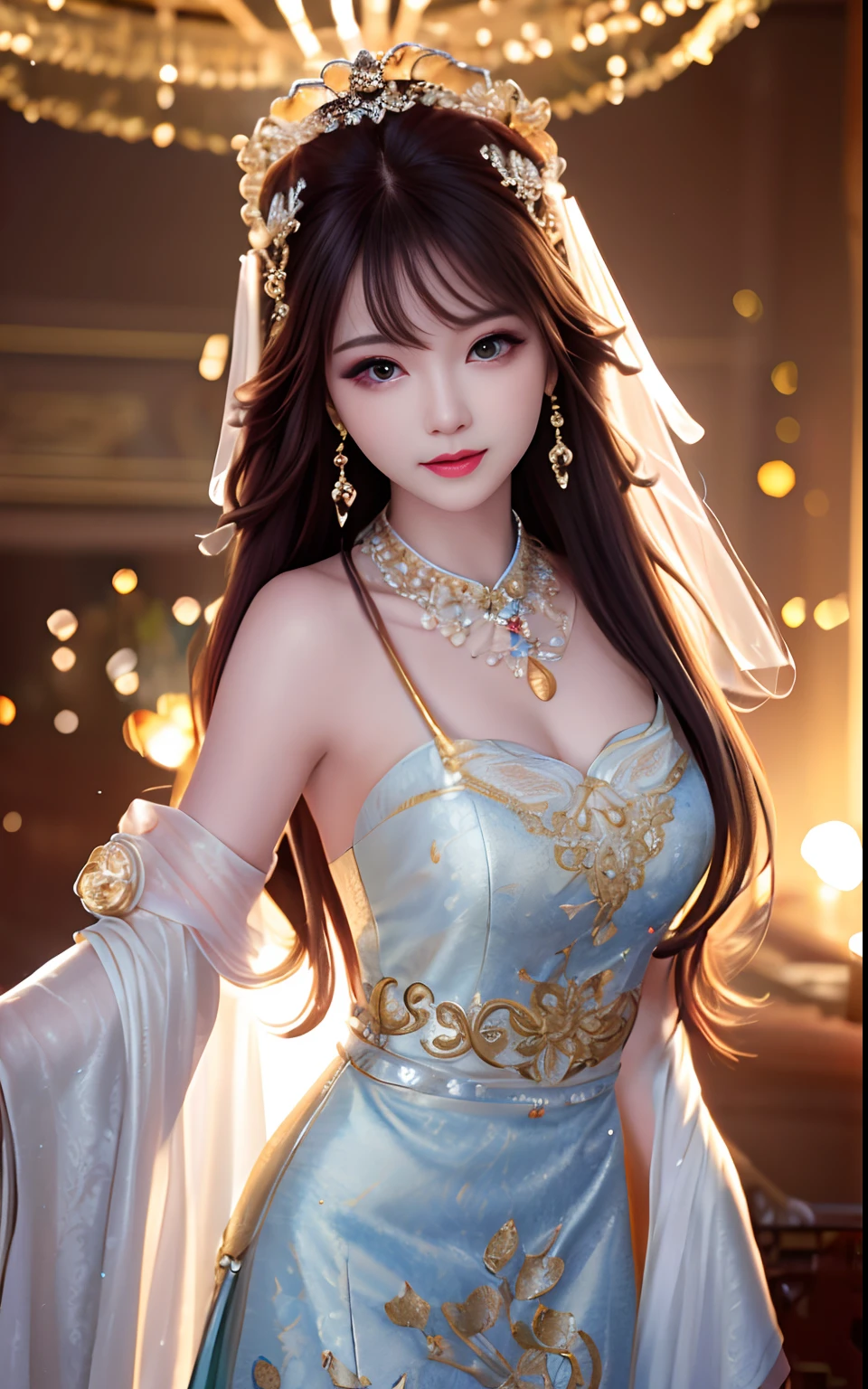 Best quality, Masterpiece, A high resolution, 1girll,china dress,hair adornments,necklace, jewelry,Beautiful face,after sexing_Body, Tyndall effect,Photorealistic, Dark Studio, rim lit, twotonelighting,(highdetailskin:1.2), 8K Ultra HD, Digital SLR, Soft lighting, High quality, voluminetric lighting, candid, photographed, high resolution, 4K, 8K, Bokeh