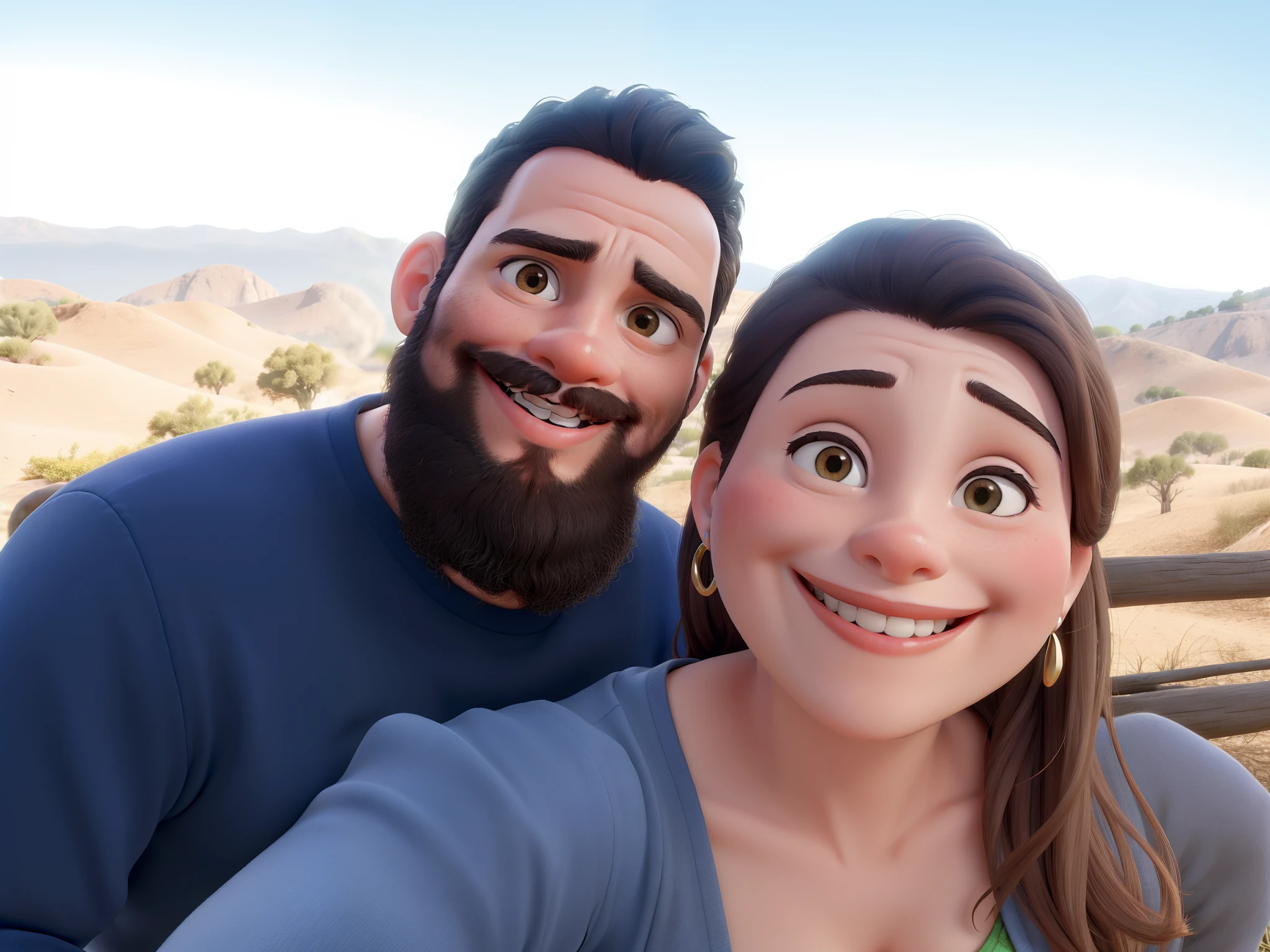Obra-prima, de melhor qualidade, um casal que se ama muito posando sorridentes para a foto. Ele tem barba, She doesn't show her teeth.