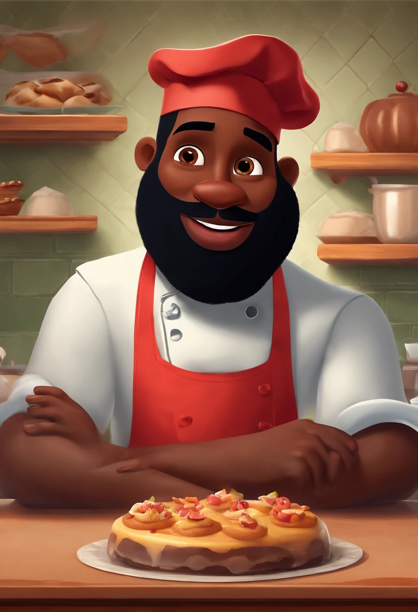 Create a Disney Pixar-inspired poster with the character being a pastry chef, black man, curly hair with beard, medium-sized, dreamy, um homem vestindo dolma, em uma confeitaria com um fouet sobre a mesa bolos