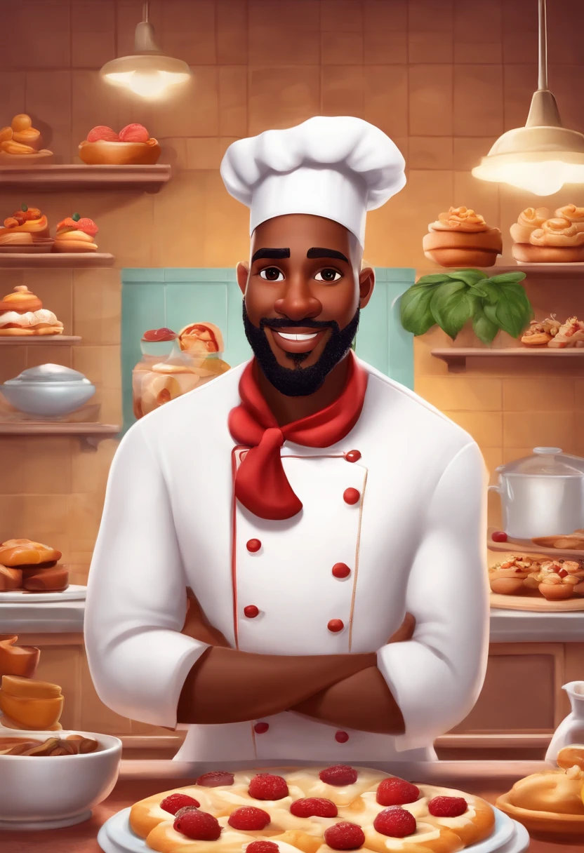 Create a Disney Pixar-inspired poster with the character being a pastry chef, black man, curly hair with beard, medium-sized, dreamy, um homem vestindo dolma, em uma confeitaria com um fouet sobre a mesa bolos