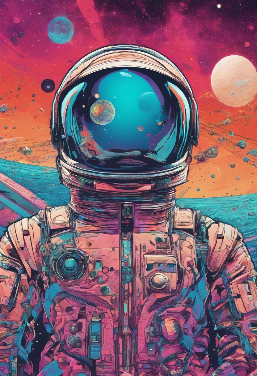 Detalhes do HD, close-up de um homem em um traje espacial, planetas em segundo plano, psychedelic cosmic horror, psychedelic illustrations, cosmic space, plantas crescendo, O mundo da psicose, Graphic art of background space, cosmic illustration, cosmic space, cosmic lsd poster art, dmt space behind, cena espacial, surreal space, cosmic style, heptagrama, alquimista.