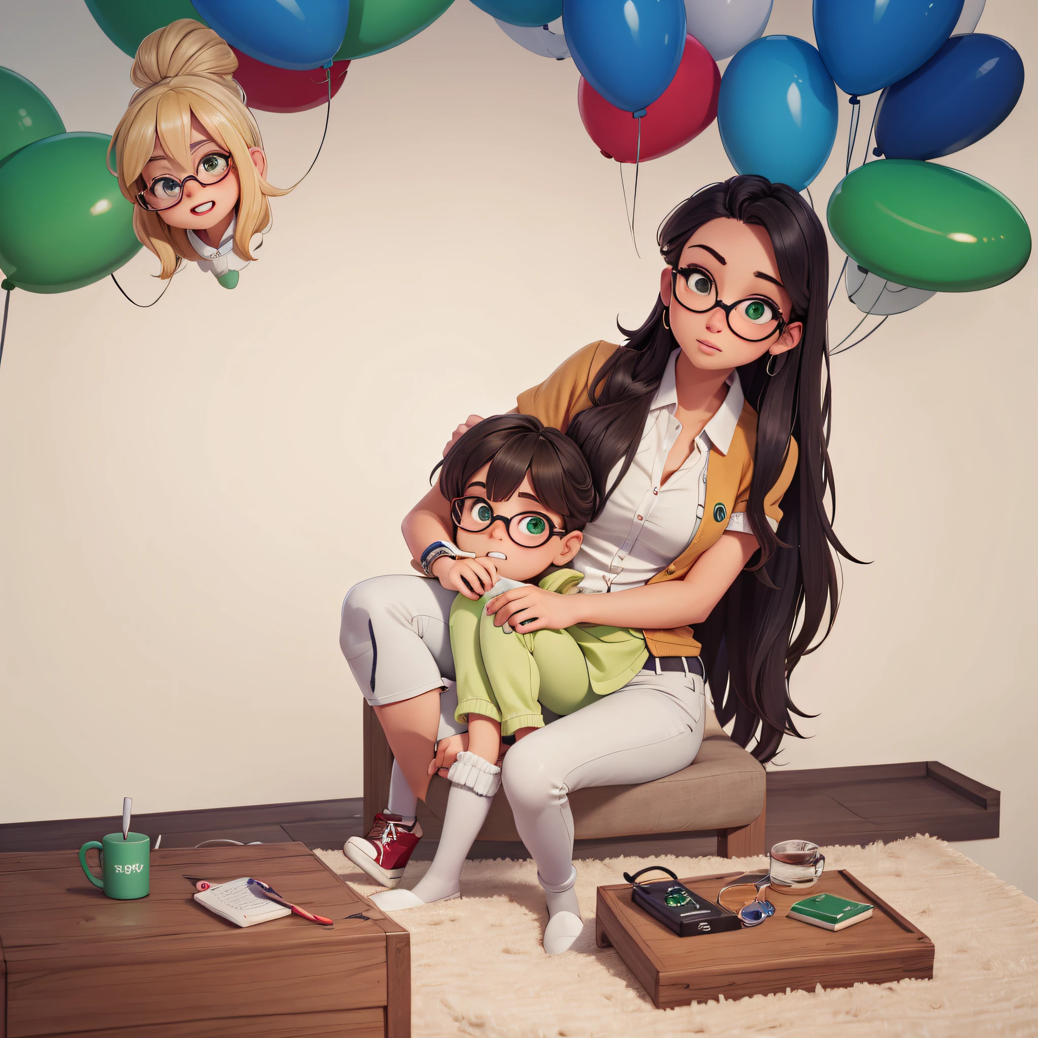 rapaz, blonde hair, glasses, Sardas, olhos verdes brilhantes, Missing a tooth is seen sitting on the mother's lap, Roupas combinando, fora do contexto escolar, cara bonito, master part, Realistic, high resolution, alta qualidade, extremely high quality, best quality, ultra detalhado, extremamente detalhado,