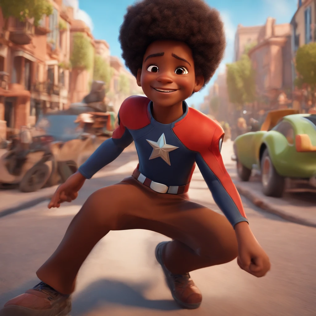 A happy black boy with an Afro hairstyle, in a white background. The artwork is inspired by Pixar's style and has a vivid color palette. The boy's face is highly detailed, with beautifully rendered features. The image quality is of the highest level, with a resolution of 16k. The scene is a 3D composition, resembling a character from an animated movie like Avengers. The boy's joyful expression and energetic posture reflect the essence of childhood.