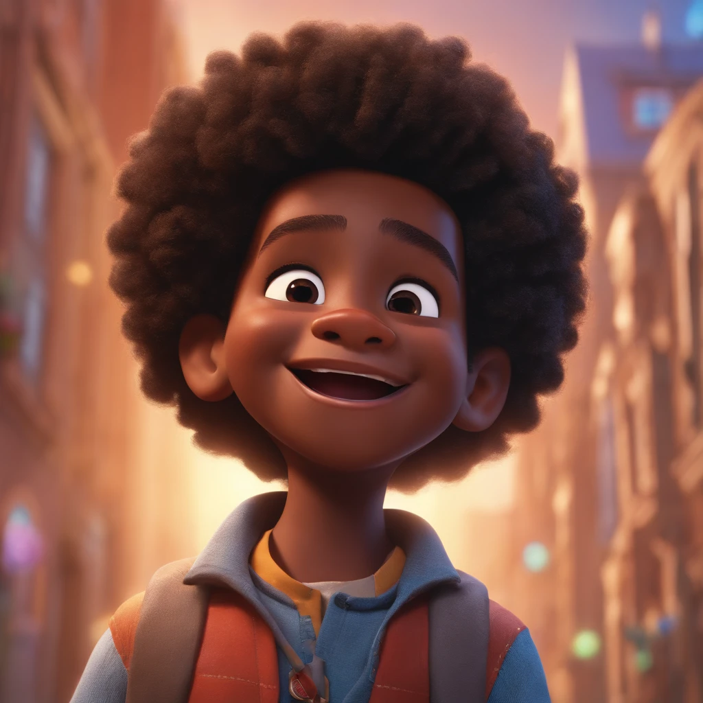 A happy black boy with an Afro hairstyle, in a white background. The artwork is inspired by Pixar's style and has a vivid color palette. The boy's face is highly detailed, with beautifully rendered features. The image quality is of the highest level, with a resolution of 16k. The scene is a 3D composition, resembling a character from an animated movie like Avengers. The boy's joyful expression and energetic posture reflect the essence of childhood.