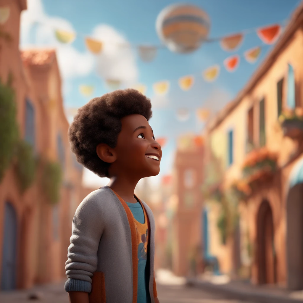 A happy black boy with an Afro hairstyle, in a white background. The artwork is inspired by Pixar's style and has a vivid color palette. The boy's face is highly detailed, with beautifully rendered features. The image quality is of the highest level, with a resolution of 16k. The scene is a 3D composition, resembling a character from an animated movie like Avengers. The boy's joyful expression and energetic posture reflect the essence of childhood.