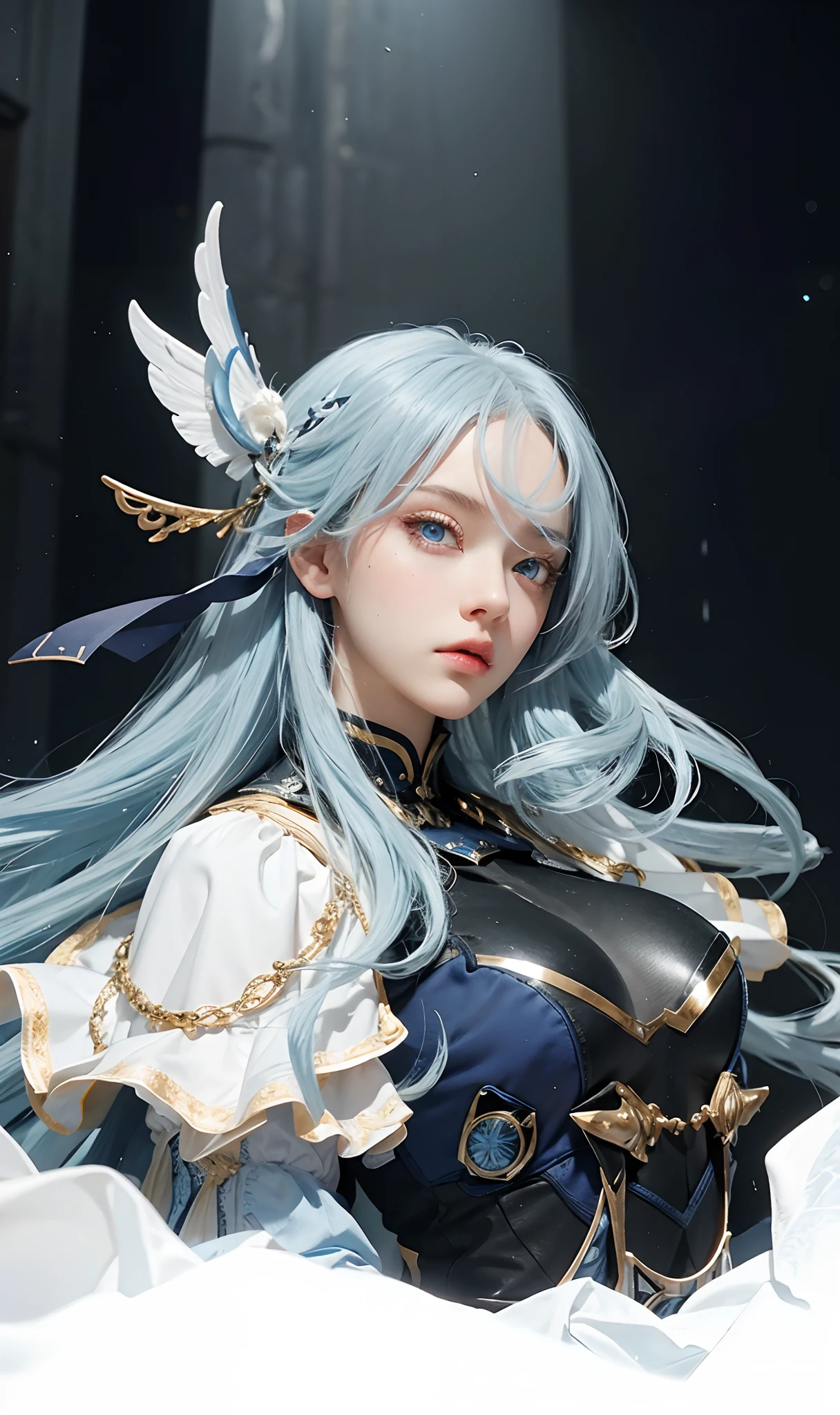 Light blue hair, light blue eye colors, Young woman at 25: 1.3, Long hair: 1.2, Professional skirt: 1.2, Daytime: 1.2, Square: 1.2, cinematic lighting, Surrealism, UHD, ccurate, Super detail, textured skin, High detail, Best quality, 8k, ultra detail, middle bust, transparent bust