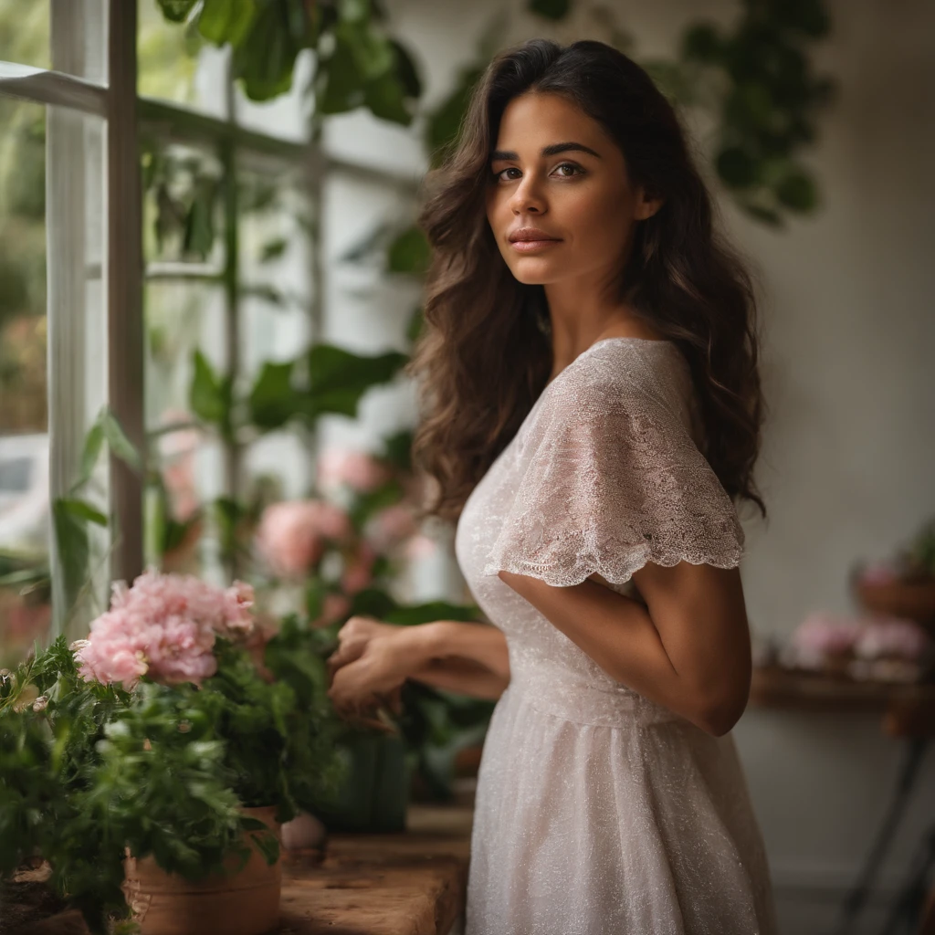 Mulher Loira, 1,60, olhos verdes escuros, magra, branca, roupa toda rosa, em uma cozinha toda rosa,