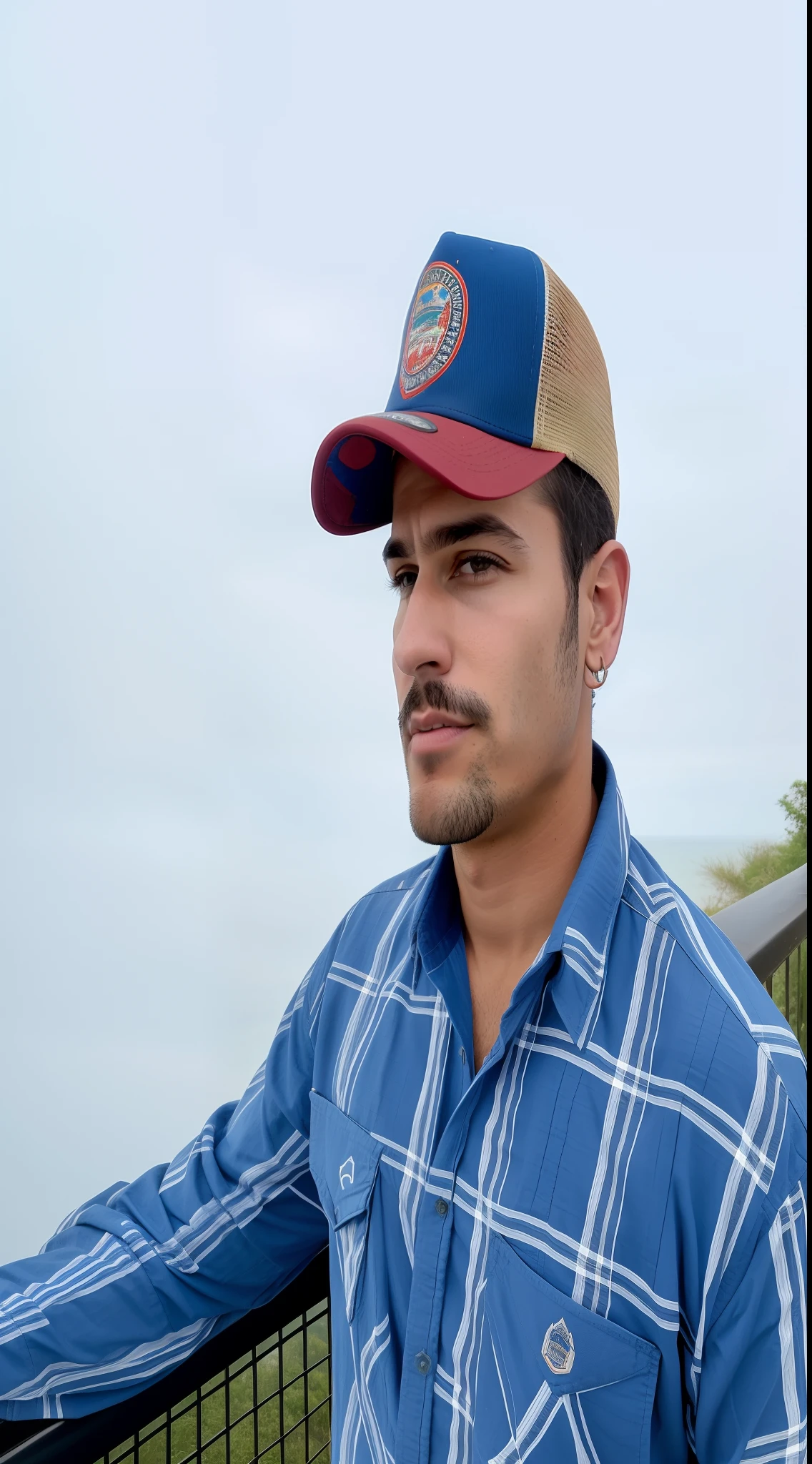 There's a man wearing a trucker-style cap, camisa xadrez azul, beira da montanha, natura