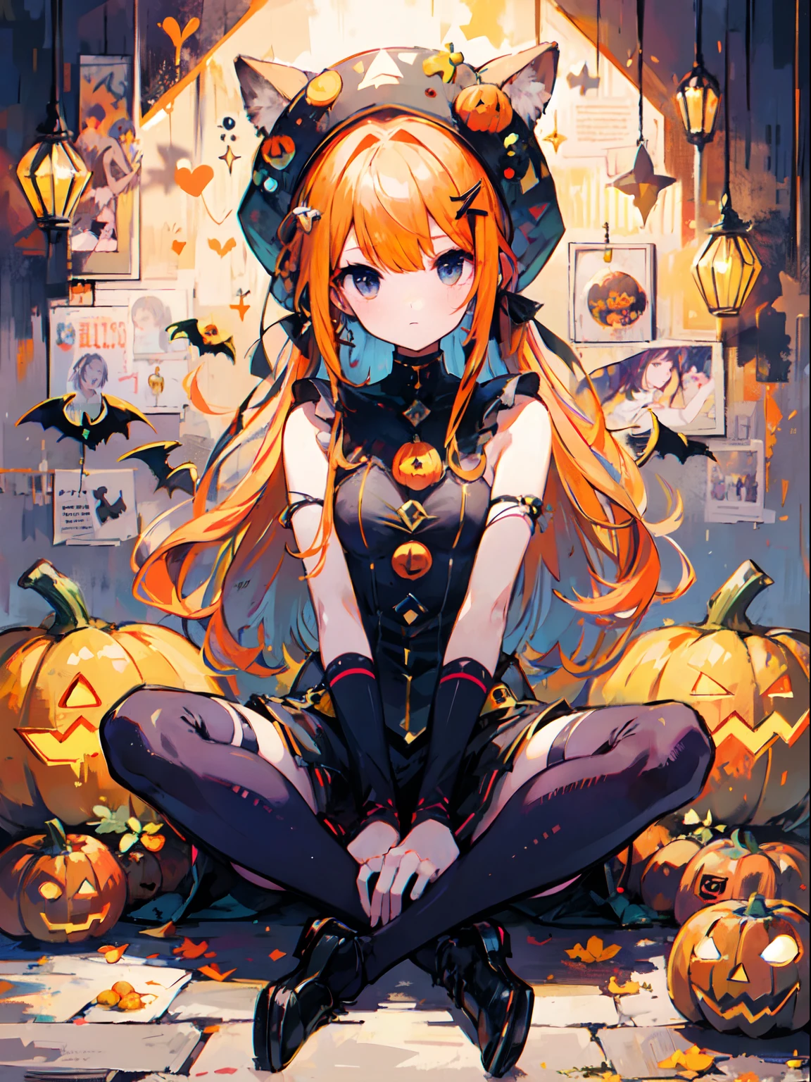girl with orenge tied hair and a pumpkin hat, sit pose, halloween theme,