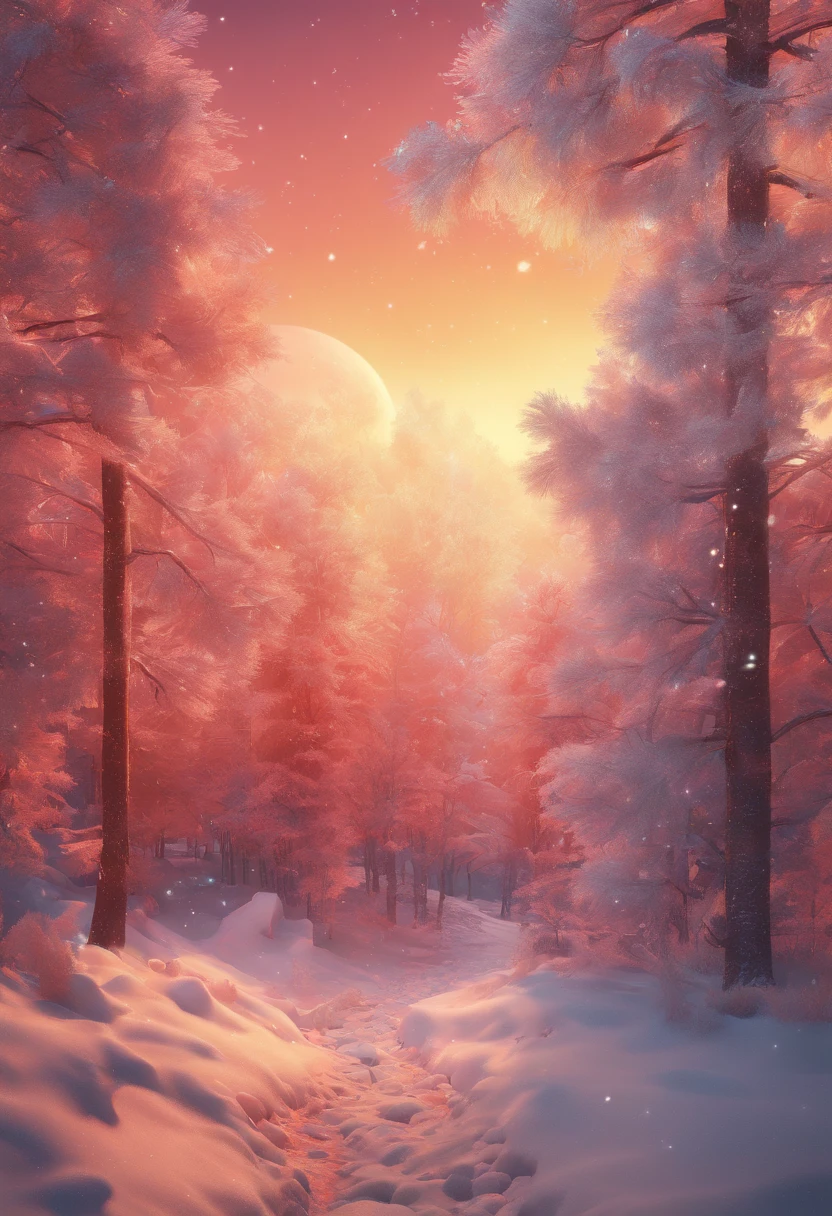 Um Astronauta caminhado em uma floresta coberta por neve. Illuminated snowflakes fall from the sky. Absurdo, extremely high-resolution, ultra-detalhado, Dot painting technique, sombras pontilhadas, detalhes intrincados, Pequenos pontos, Efeitos de textura, gradientes sutis, artesanato fascinante, fotografia infravermelha, tons sobrenaturais, paisagens surreais, invisible light, ethereal glow, vivid colors, efeitos fantasmas