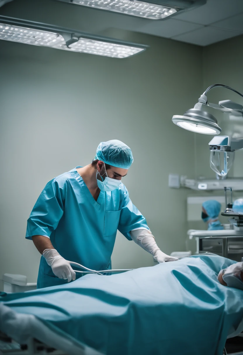Two handsome doctors in blue gowns and surgical instruments in a hospital, surgery room, surgery, surgery room, cardiac surgery, Hospital, medical photography, Surgical Instruments, medical image, operate, Surgical Supplies, surgical gear, Medical, On the operating table, Surgical effect, medical equipment, surgeon, At the center of the image, Operating table, Dramatic shots, View from above, Light without shadows, Bloods, looking-down, 2 male surgeons, 3 female nurses, looking-down, Anime style
