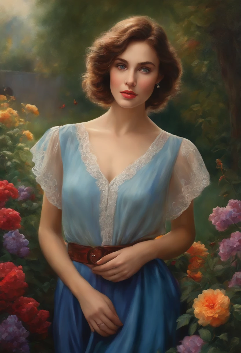 (best quality,ultra-detailed,realistic:1.37),(oil painting),(colorful),(soft lighting),A girl standing in a garden, with short hair dyed dark purple. She has unique eyes, one red and one blue, which gives her a heterochromatic look. She is wearing blue clothes, and the scene is set in the western countryside.
