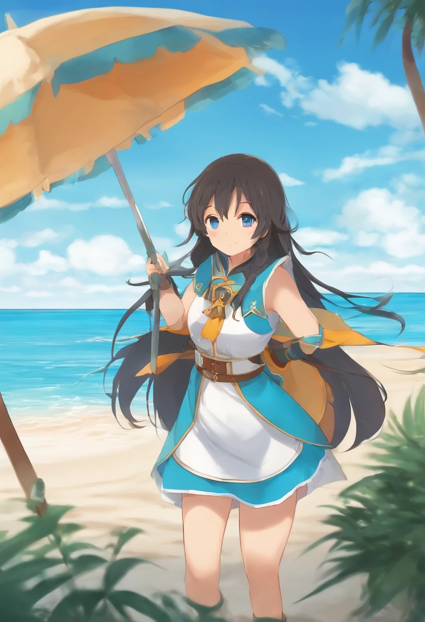 aqua de anime de konosuba con una minifalda de fondo una playa