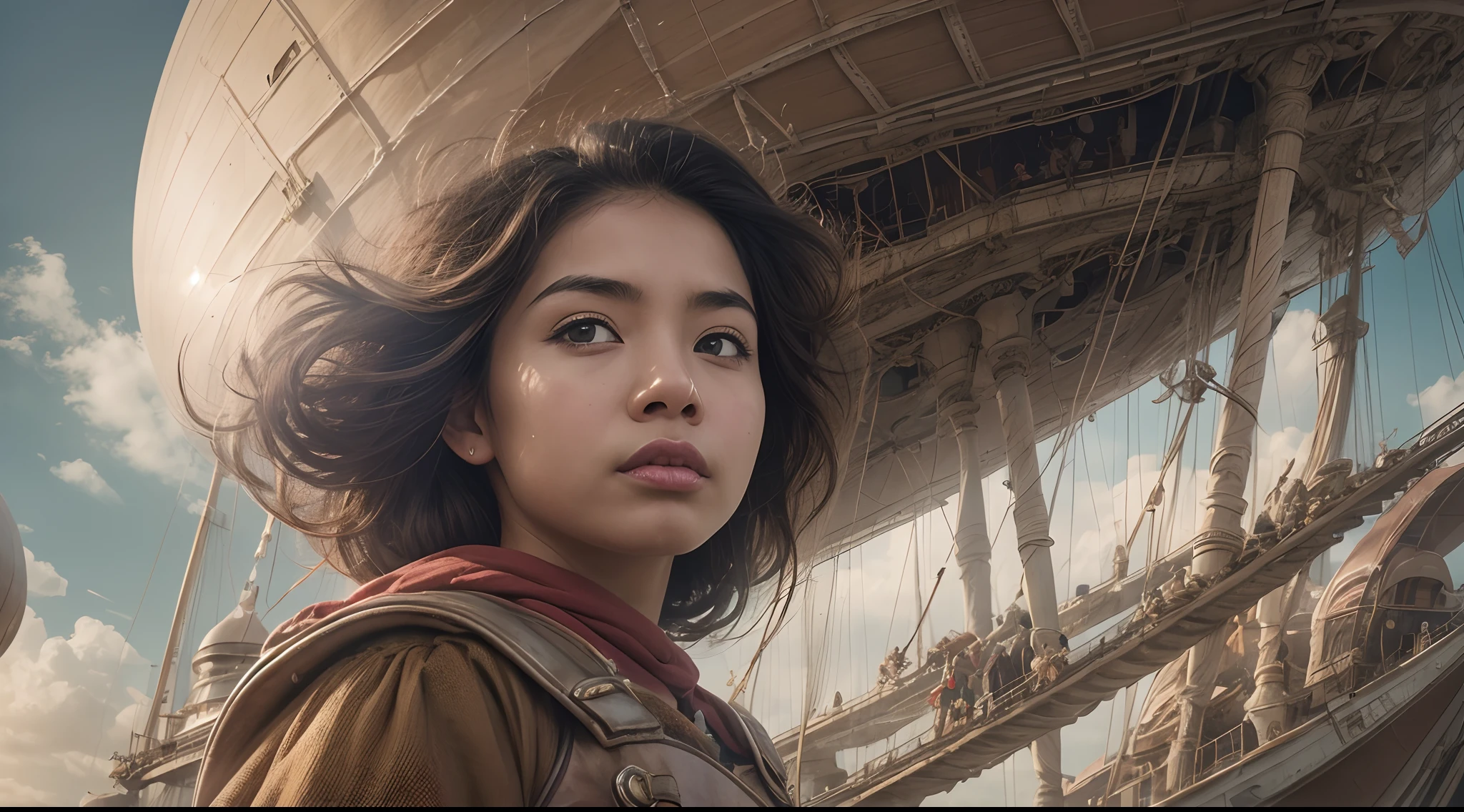 Position the Malay girl aboard a fantastical airship sailing through the skies. She's part of an airborne journey filled with wonder and discovery, high quality, ultra detail, 8k, cinematic color, 28mm, Establishing shot, muted color grading, cinemascope,
