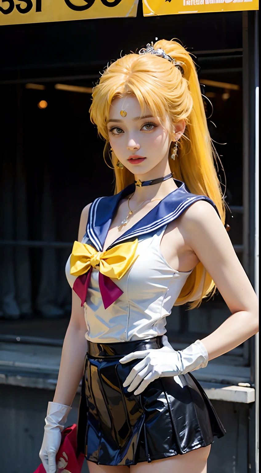 ((masterpiece:1.4)、(top-quality:1.4)、(reallistic:1.7))、masuter piece:1.4、a beauty girl、(Sailor Moon:1.4)、Tsukino Usagi、Body Fit Sexy Sailor Senshi Uniform、(latex shiny)、(The jacket is a white sleeveless sailor suit)、(Skirt is blue sexy ultra ultra mini skirt)、The collar of the sailor suit is blue with two thin lines.、high leg swimsuit、Red cloth ornament at chest、(Wearing white gloves)、Kawaii Girl、Super beauty、foco nítido、Portrait photos、Upper body photography:1.4、beautiful countenance、beautidful eyes、Narrow waist、beauty legs、(yellow hair:1.4)、(length hair:1.2)、Beautiful udder、large full breasts:1.2、Sexy ass、Raw photo、red-lips、Red high heels:1.4、a choker:1.4、a necklace:1.4、耳Nipple Ring:1.4、Luxurious Golden Tiara:1.4、1 screen display、a moon、kosmos、spaceships、A space station、City of the Future