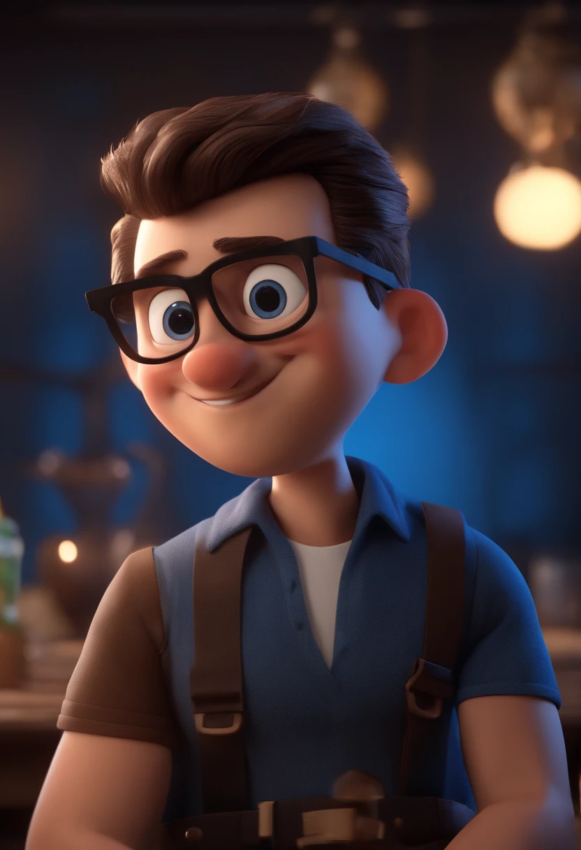 Cartoon character of a man with black glasses and a blue shirt, animation character, Caractere estilizado, animation style rendering, 3D estilizado, Arnold Maya render, 3 d render stylized, toon render keyshot, Personagem 3D, Personagem 3D, 3d rendering stylized, 3 d character render, personagem de desenho animado, Personagem de close up, Pose de personagem,  (Estilo Pixar) (master part:1.2) (Bokeh) (best quality) (pele detalhada) (textura detalhada) (8k) (argila) (Cinematic lighting) (foco nítido