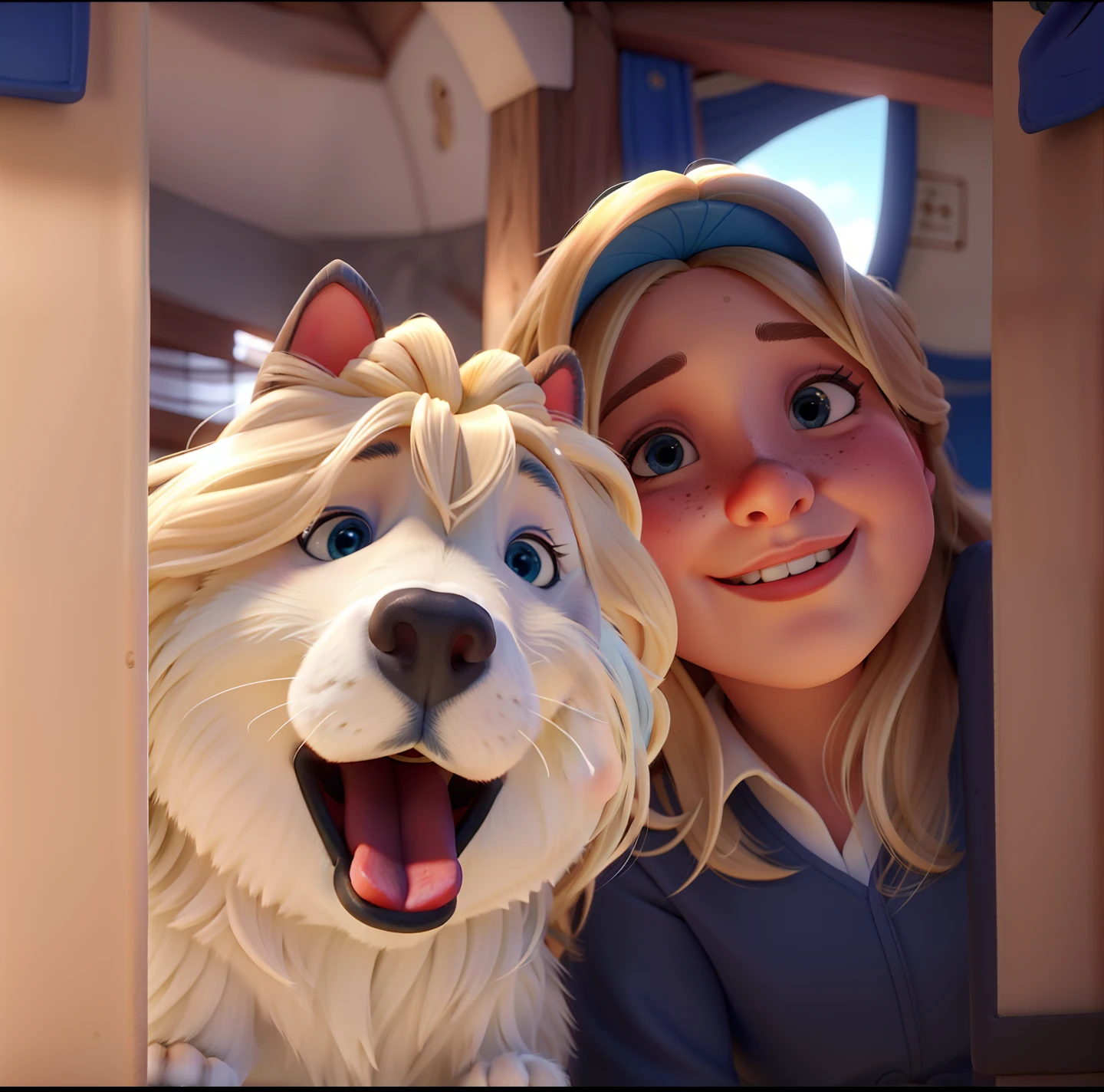 Obra-prima, de melhor qualidade, uma menina de 12 anos, cabelo ruivo, wearing a blue sweatshirt and is holding her white dog on her lap