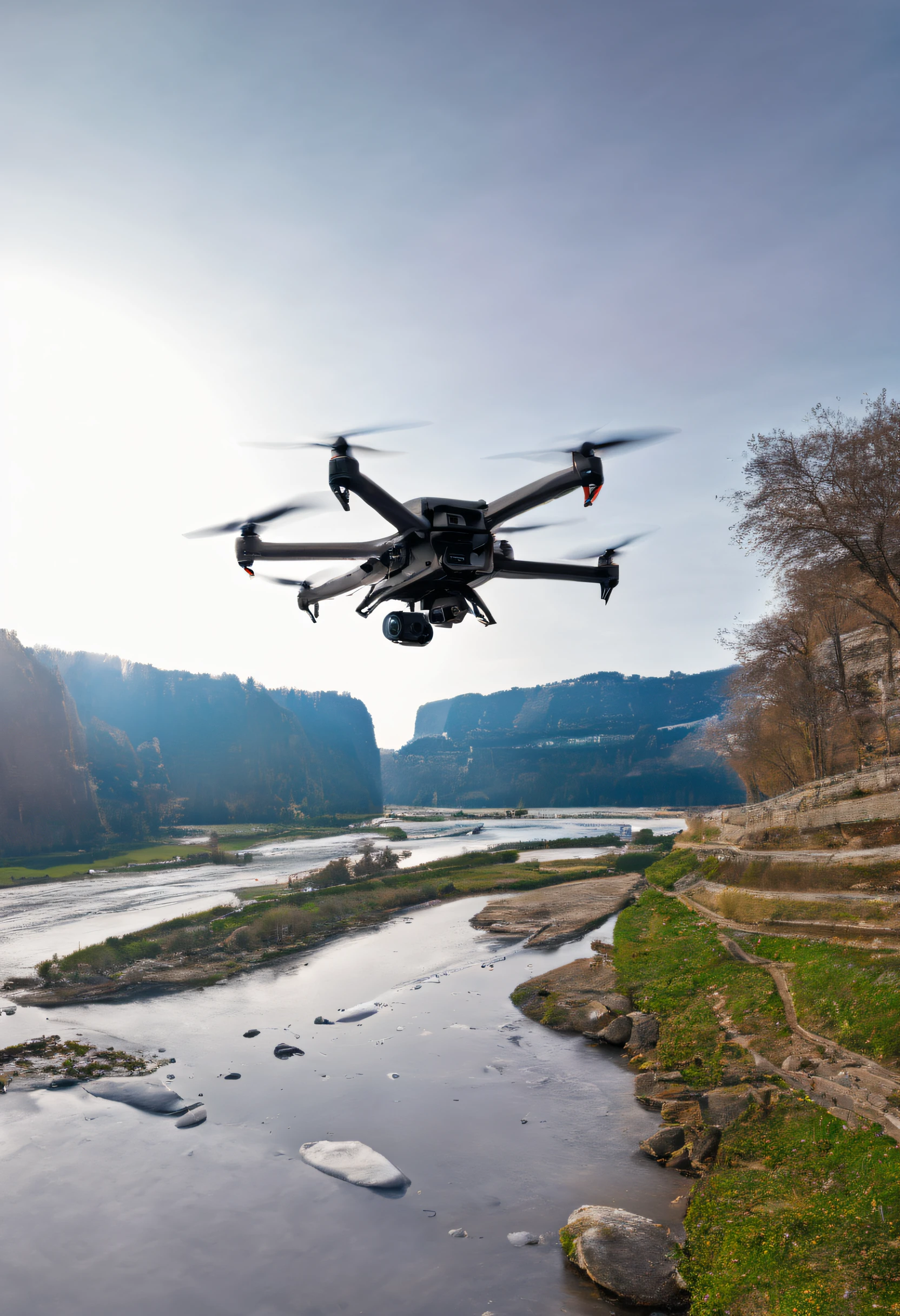 Drone flying over the river