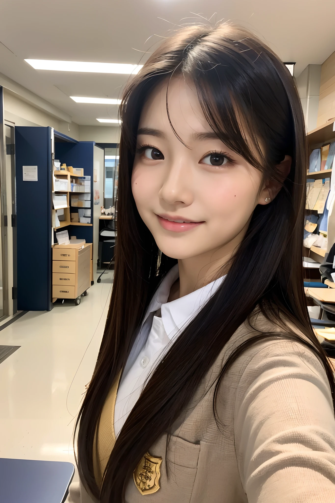 (masutepiece:1.3), (8K, Photorealistic, Raw photo, Best Quality: 1.4), Japanese, (1girl in), Beautiful face, (Realistic face), (Black hair), Beautiful hairstyle, Realistic eyes, Beautiful detailed eyes, (Realistic skin), Beautiful skin, Attractive, 超A high resolution, A hyper-realistic, Highly detailed, Golden ratio,School uniform.)、1girll、cute little、A smile、a closed mouth、Beautiful details、Beautiful nose in every detail、full body Esbian、wetting hair、Colossal Dalsepho、pork meat、student clothes、thighs thighs thighs thighs